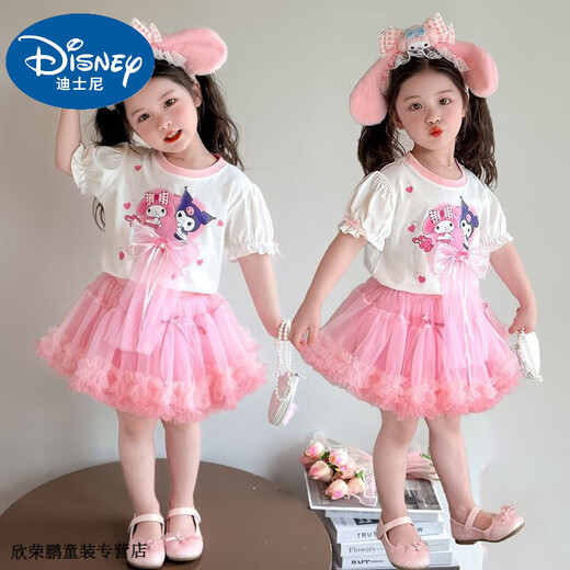 Disney Baby Kinderanzug kleines Mädchen Sommer Melodie Kurzärärmelte Tutu-Rock Mode 2025 Neuer Prinzessinrock Zweiköpfige Pink-Zweiteil-Set [kurzärmelig + Rock] ohne Tasche 140 Empfohlen 130-140 cm 5-6 Jahre alt