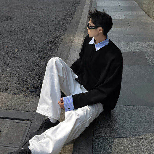 NYING假两件衬衫领卫衣男25秋季新款潮牌重磅痞帅休闲长袖t恤宽松上衣 黑色 XL （130-150斤）