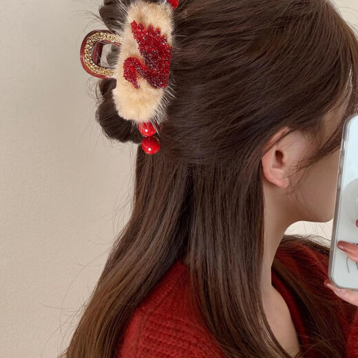 New Year Red Plush Pearl Clip Women's 2024 New Hair Clip Back of Head Hair Shark Clip Hair Clip Hair Accessories 3 New Year Red Eight-Character Clip 11 cm