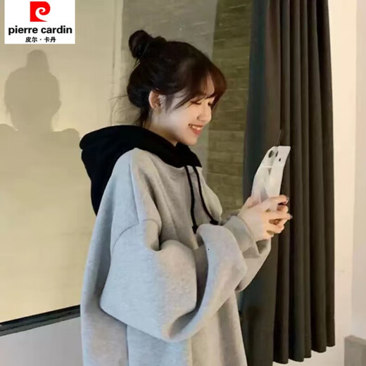 Pierre Cardin 2025 Nouveau sweat épais à capuche gris Nouvel automne et hiver européen lâche paresseux veste de longueur 13886 Sweatshirt noir s