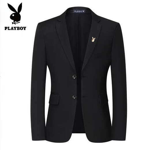 花花公子（PLAYBOY）2025新款西服套装男三件套秋新款休闲上班职业装新郎结婚礼服男 黑色2扣西服+西裤 皮带+领带+领 L 建议113~125斤穿