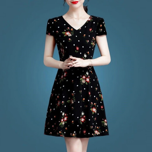 Quanying Lei Bingsi hochwertiges Kleid 2025 Sommer Blumen-Taillen- und Abschleiftungsmittel mit mittlerer Länge High-End-Mutterrock für Frauen kurzärmelige Eisseide 9902 Rock M.