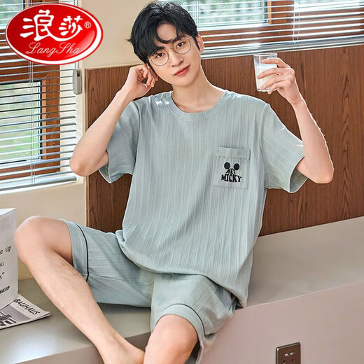 浪莎睡衣男夏季棉质短袖短裤青年学生家居服宽松大码薄款中年男士套装 H9928（短袖短裤） L （建议90-110斤）