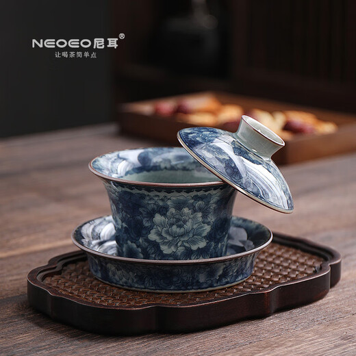 NEOEO Neer Blue and White Three Talents Covered Bowl Chinese style hoverable cover bowl for personal use as a gift Chinese style tea bowl Neil Tea Set NEOEO Neil Meditation Three Talents Covered Bowl N1188