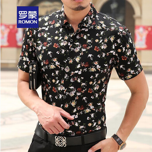 罗蒙（ROMON）2025夏季短袖衬衫男士丝光棉免烫花衬衣男胖子宽松加大码印花半袖 983枫叶黑色 M 适合95-120斤