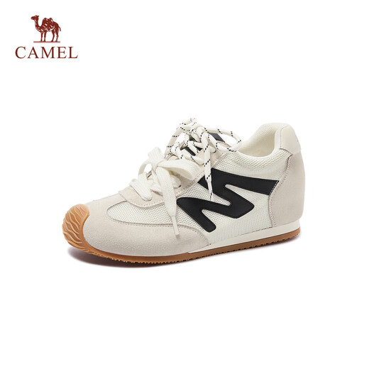 骆驼（CAMEL）德训鞋女撞色拼接内增高底运动板鞋 L25S577154W 米/黑(透网) 37