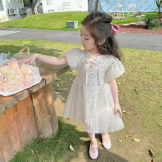 纷资言女童连衣裙2025新款宝宝旗袍夏季公主裙中式国风礼服夏装裙子 ZX6629米杏色 90