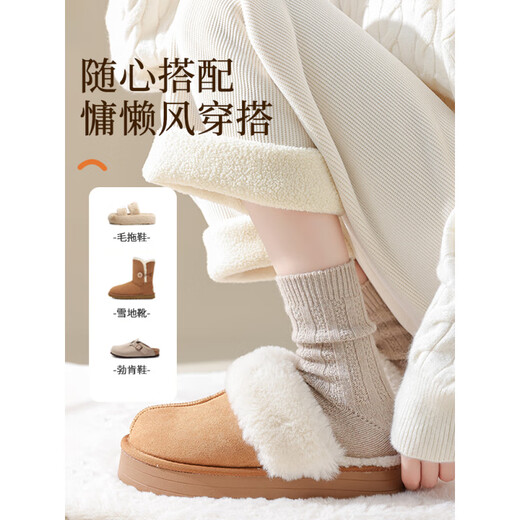 Nanjiren (Nanjiren) sheep wool socks for men and women in autumn and winter, plus velvet, thickening, warmth and heating 7A autumn and winter mid-calf snow socks, light beige gray*2_ 2 pairs, one size fits all