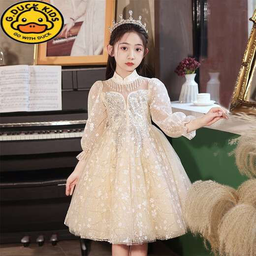 G.DUCKKIDS女童礼服轻奢小众钢琴演出服儿童生日公主裙长袖主持人花童婚礼裙 热售9215白色长袖【单裙】 110 cm 建议身高100-105cm年龄4
