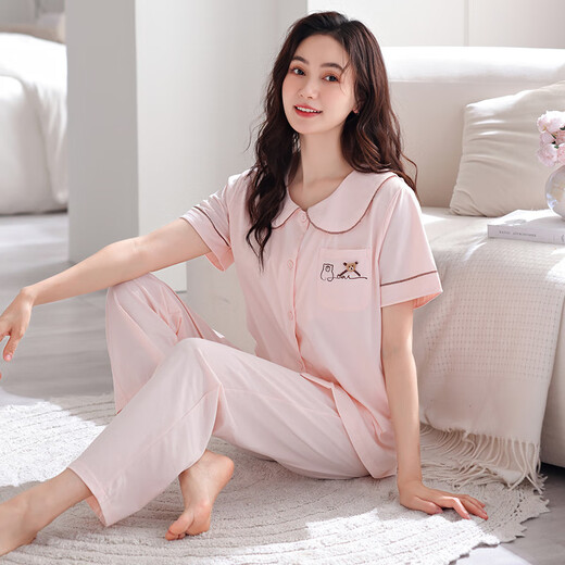 MUJI COM无印muji短袖长裤带胸垫睡衣女夏季纯棉可外穿夏天薄款套装家居服 Z693嫩绿(带胸垫) M 建议80-105斤