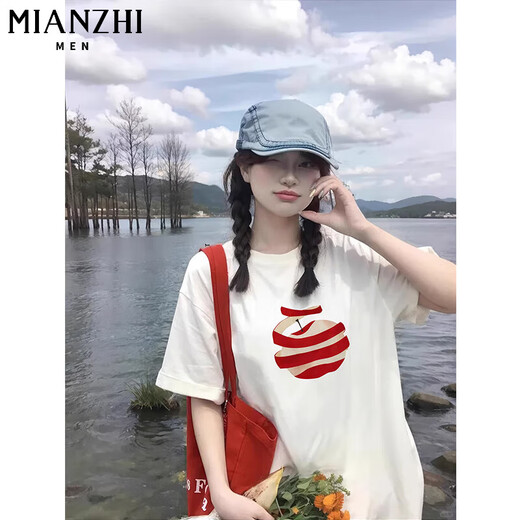 Cotton American pure cotton short-sleeved T-shirt for women in summer 2025 new loose and versatile apple printed round neck five-point sleeve top 29690 white [high quality 20.5] L 100-120Jin [Jin equals 0.5 kg]