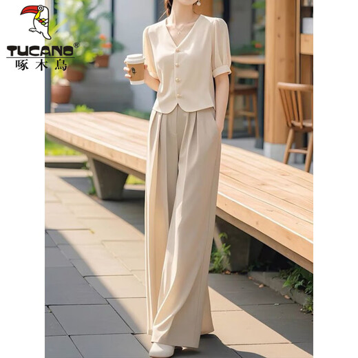 啄木鸟气质一整套穿搭通勤漂亮套装女装高端时尚名媛盐系轻熟两件套装夏 单杏色裤子 S 【建议95斤内】