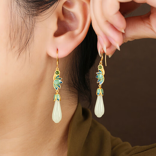 Little Silversmith Hetian Jade S925 Silver Magnolia Earrings Women's Enamel Lotus New Chinese Style Earrings Earrings Birthday Gifts