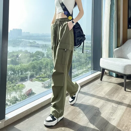 Lässige einfache Dopamin-Verschleiß-Arbeitshose für Frauen im Frühling und im Sommer Drawess Hip-Hop Dünne Drop-Feel Weitbein-Bodenhose My-689 Black XL