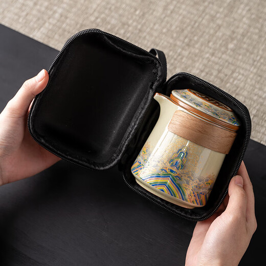 Travel tea set, one pot and three cups, Ru Kiln quick cup, convenient blue and white ceramic tea water separation for outdoor camping, Ru Kiln Huang Wanwen - Tianxiang wooden handle cup + 3 cups + black bag