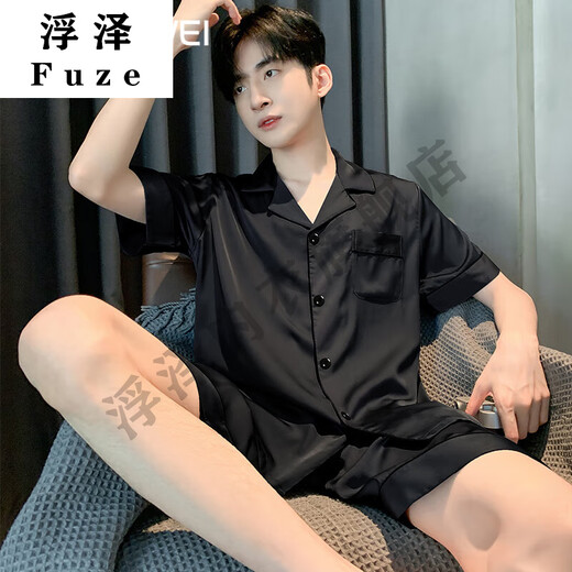 映棠男士睡衣夏季冰丝短袖裤色黑色夏天薄款男生仿真家居服套装 12532【云朵棉绉布款】 XL _(建议身高175左右-体重130-