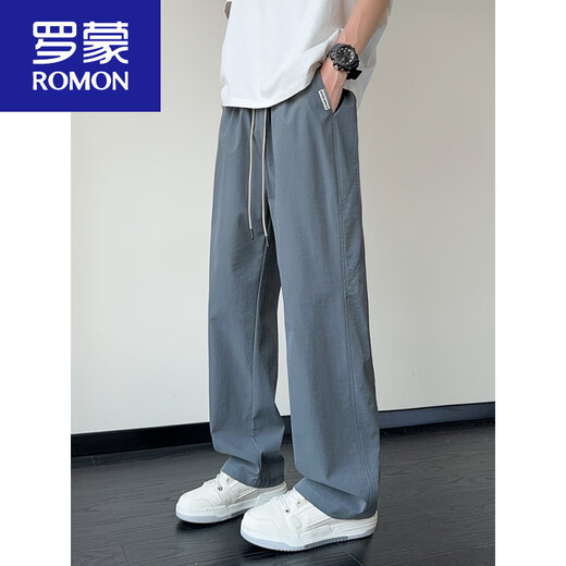 罗蒙（ROMON）男士裤子夏季薄款网眼透气直筒冰丝裤男生灰色美式速干裤休闲长裤 6636黑色+6632灰色 M
