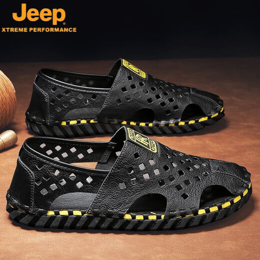 吉普（JEEP）凉鞋男士2025年新款潮外穿越南包头凉鞋真皮沙滩凉拖开车拖鞋夏天 12033黑色 鸿运 39