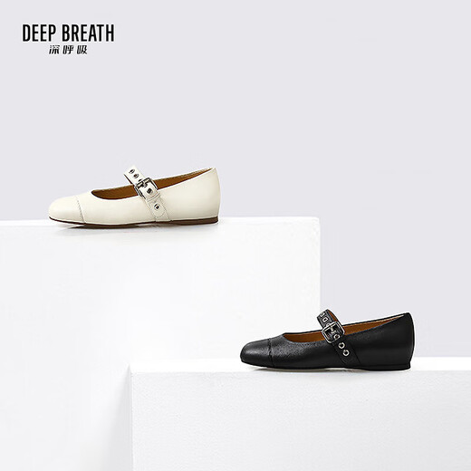 
DEEP BREATH Deep Breath Women's Shoes Genuine Leather Round Toe Flat Inner High-rise Belt Buckle Ballet Shoes Single Shoes AX11164 White 38