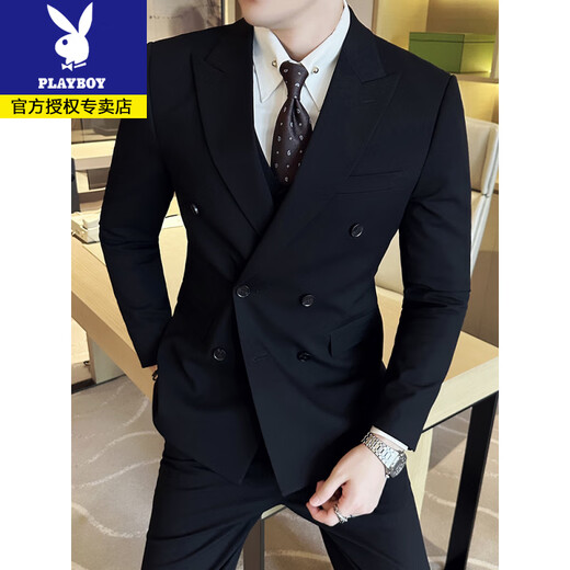 Playboy British Style Double Breasted Suit Men's Suit Business Casual Formal Groom Wedding Dress High-End Suit Three-piece Gray Suit+Trousers+Vest XL (125-140Jin Jin equals 0.5 kg)