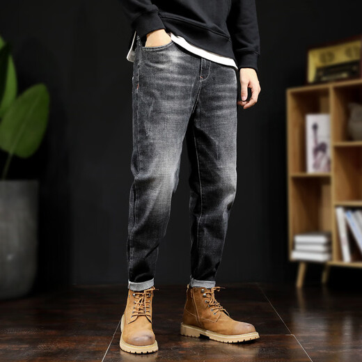 QLTQZQ Sommerelastische Jeans für Männer gerade und Tidbits lose plus Fettpluig-Größe dünne, zerrissene Neun-Punkte-Hosen lassen sie schlank und vielseitig aussehen. Dunkelblau 9901 No Elastic S Größe 28 (100 Jin [Jin ist gleich 0,5 kg] Verschleiß herum))