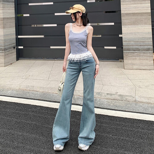 Light Color American Low Wisting Micro-Flare Jeans para mujeres en primavera y verano 2025 Nuevos pantalones de herradura sueltos y largos Pantalones azules Size S Tamaño de 89-98 Jin [Jin equivale a 0.5 kg]