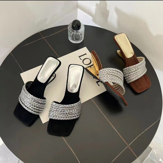 
Cheat French rhinestone heel sandals for women in summer high school thick heel slippers wear versatile thick soft sole light luxury gold heel height 5cm 37 normal size, wide foot high foot high shot one size