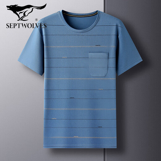 Septwolves (Septwolves) Sommer-Männer kurzärmelig T-Shirt mit mittleren Nacken mit mittleren Nacken mit Middle Color Color Top Herren lose, halbärmelige Taschen Live DX-691 Lake Blue M 165/Vorgeschlagen 120jin [Jin gleich 0,5 kg] oder weniger