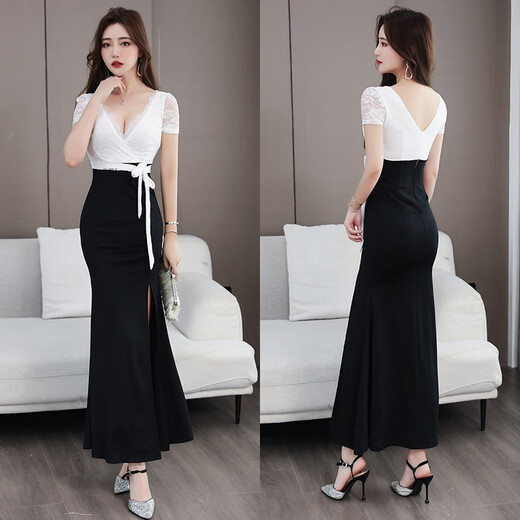 Sexy Kleid KTV Abendkleid Schöne lange Rock Nachtclub Arbeit Kleidung Fußbad Massage Spa Techniker Arbeit Kleidung 3882 Schwarz s H von 85-95jin [Jin gleich 0,5 kg]