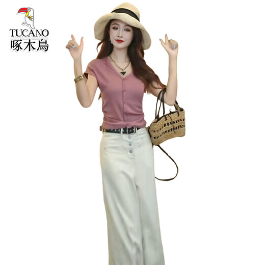
Woodpecker's new summer women's V-neck T-shirt wide-leg jeans two-piece set white pants M (recommended 100 Jin [Jin equals 0.5 kg])