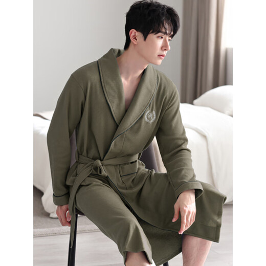 Fengxi Waffle Bathroom Men's Spring and Autumn Pure Cotton Medium-length Men's Nightgown 2025 New Water-absorbing Integrated Yukata LJ16822 M Size [Weight 100-120Jin [Jin equals 0.5 kg]]