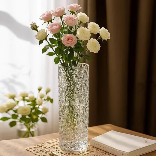 Light luxury glass vase transparent water-raised flowers rich bamboo ins style flower arrangement vessel living room desktop decoration ornaments large transparent ice pattern 24.5cm
