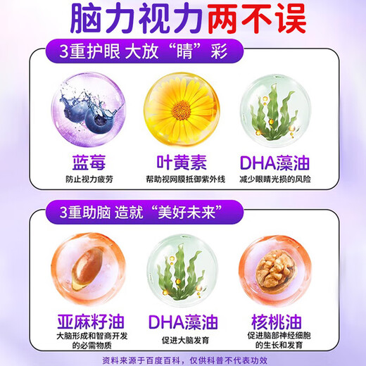 北京同仁堂DHA藻油蓝莓叶黄素酯片儿童青少年护保眼视力缓解眼疲劳凝胶糖果 3瓶装[护眼养眼]