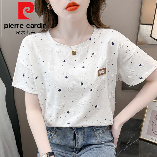 Pierre Cardin Camiseta estampada de algodón puro para mujeres Summer de manga corta 2025 Nuevo diseño de estampado suelto Camiseta versátil Tendencia 1396 Blanco + 3121 Flor verde S Adecuado para 80-99Jin [Jin iguala 0.5 kg]