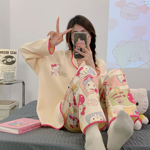 简方位高档睡衣女士春秋款纯棉长袖网红风家居服全棉秋冬季开衫月 【开衫套装】9207 均码 M【建议70-90斤】