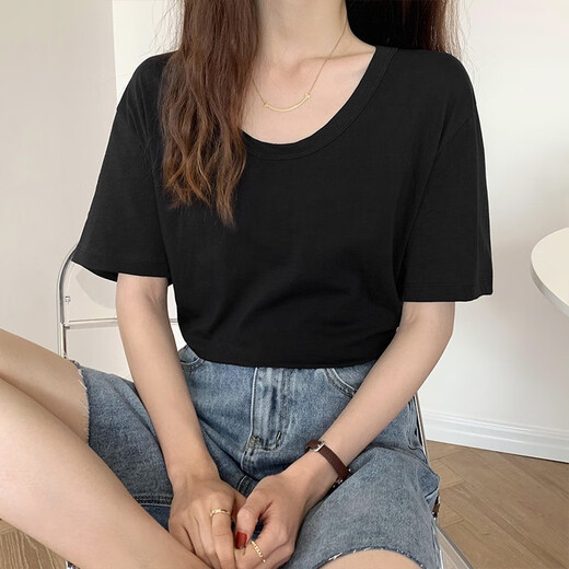 Ran Yilan's same solid color versatile round neck short-sleeved T-shirt for women in summer new loose and slim fashionable casual bottoming cotton shirt 6172 gray S