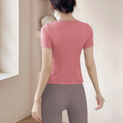 Shuangxiu yoga wear T-shirt for women 2025 new large size belly-covering short-sleeved Pilates training sports suit fitness top withered rose pink top_with chest pad L_110-120Jin Jin equals 0.5 kg