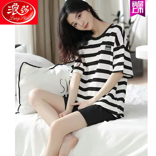 Langsha 2025 Nouveau pyjamas en coton pur pour les femmes en été, des rayures à manches courtes peuvent être portées à l'extérieur. 9855 (ensemble) M recommandé 80-100jin [Jin est égal à 0,5 kg]