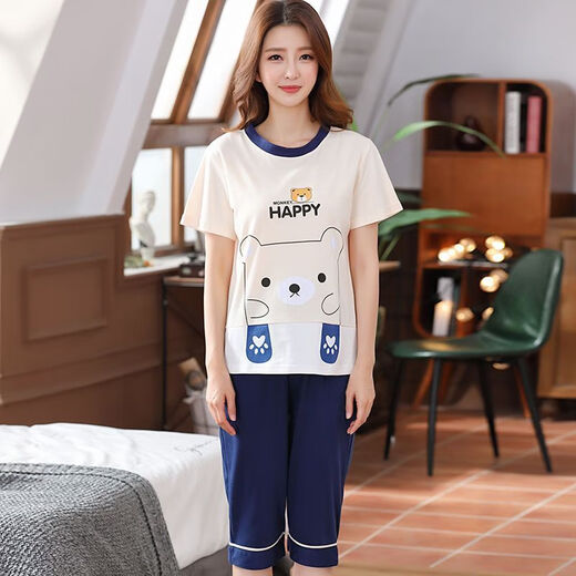 Orenon (Oleno) Pajamas de algodón puro para mujeres en verano Pantalones de manga corta Traje de dos piezas Cartoon Mujeres sueltas Estilo Ins Ropa para el hogar Pantalones cortados de mangas: 6621 M
