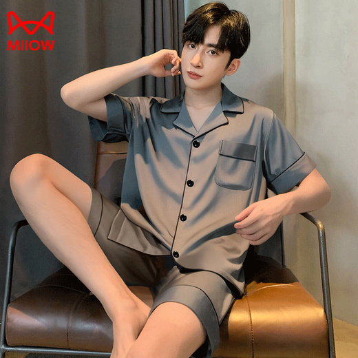 
Catman MiiOW men's pajamas summer solid color ice silk short-sleeved pants 2025 new style young boys summer thin home clothing set G723 2XL (suggested height 180-weight 150-
