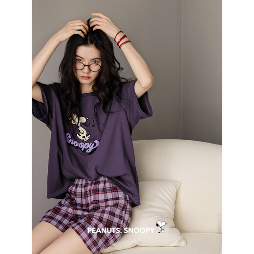 Beiyan Pyjamas für Frauen dünne Sommer Snoopy Pure Cotton Kurzärmel Plaid Shorts Anzug Lose großer Größe für Außenverschleiß D10814 Bildfarbe xl xl