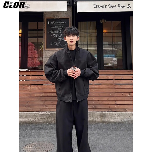 CLOR American flight jacket men's spring and autumn stand-up collar baseball uniform simple versatile work jacket JK01 black XL