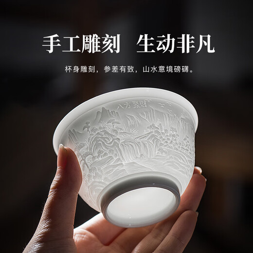 Yujiazhai Jingdezhen Ceramic Shadow Green Hand-carved Master Cup Tea Cup Kung Fu Tea Cup Large Master Cup Traced Gold Cup Eight Directions Gathering Money Tea Cup