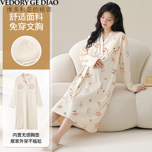 Victoria's style pure cotton nightgown with chest pad for women's new style spring and autumn new season long-sleeved pregnant women's confinement clothes postpartum breastfeeding pajamas MNQ13062#RR L [Suggested 100-120Jin [Jin equals 0.5 kg]]