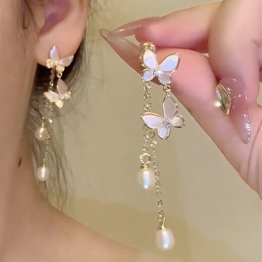 Nianfu earrings are light luxury niche high-end simple tassel long new style earrings fairy temperament Mid-Autumn Festival gift for girls earrings white butterfly