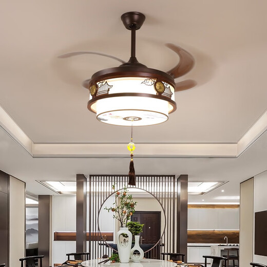 CLCEY新中式风扇吊灯卧室客厅实木隐形家用中国风复古电扇变频餐厅吊灯 9896三色48寸直流变频静音纯铜