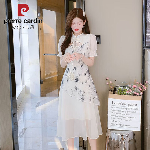 皮尔卡丹（PIERRE CARDIN）复古国风新中式改良旗袍连衣裙2025夏季新款时尚印花假两件套裙子 6169-杏色 S