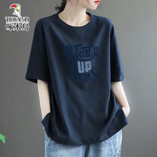 啄木鸟新款夏季大码短袖T恤女宽松显瘦纯棉中长款百搭上衣 983#葡萄紫【纯棉】 L 【建议120-135斤】