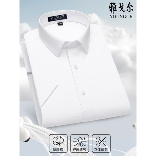 雅戈尔男士短袖衬衫中年商务休闲条纹免烫职业正装纯色半袖棉衬衣 蓝格子 DX6626 38 【建议100-120斤】