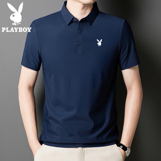 Playboy (PLAYBOY) high-end men's short-sleeved POLO shirt 2025 summer new ice silk traceless T-shirt top fashion trend Medium gray-12358-ice silk POLO shirt 5XL 185-200Jin [Jin equals 0.5 kg]